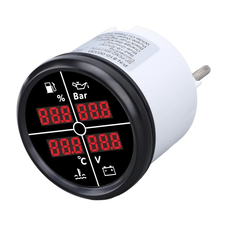 Srliya 52mm 4 in 1 Multifunctional Gauge Digital Display Fuel Level Oil Pressure Water Temperature Meter Voltmeter with Backlight for Boat RV (81000330 Black Bezel Black Dial) - Image 3